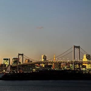 Uno skyline cittadino illuminato con un grande ponte sospeso e un'alta torre illuminata, visto dall'altra parte dell'acqua al tramonto.