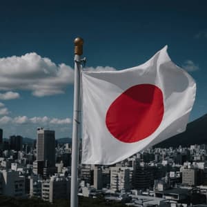 La bandiera giapponese sventola su un pennone, dominando un paesaggio urbano denso sotto un cielo parzialmente nuvoloso.