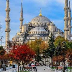 Una gran mezquita con múltiples cúpulas y altos minaretes se alza detrás de un parque lleno de árboles con colores otoñales.