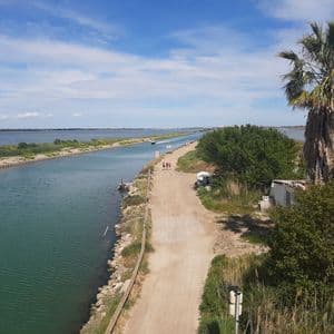 Vue en hauteur d'un large canal longeant un chemin de terre avec un palmier, tandis que quelques personnes marchent au loin sous un ciel bleu.