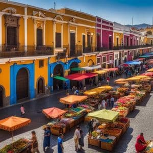 An overhead view of a busy street market with colorful stalls and umbrellas, set between brightly painted colonial buildings.