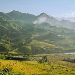 Il sole splende su terrazzamenti di riso verdi e gialli che ricoprono dolci colline, con un piccolo villaggio annidato nella valle sottostante.