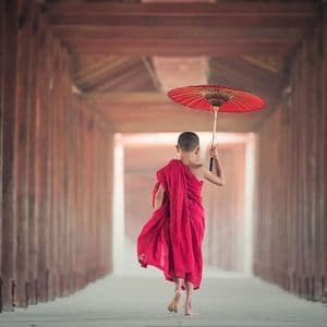 Un giovane monaco a piedi nudi in tuniche rosse cammina lungo un corridoio di legno tenendo un ombrello rosso.