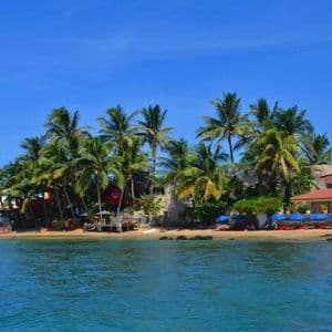 Una vista dall'acqua di una costa tropicale con una spiaggia sabbiosa, palme ed edifici sotto un cielo azzurro limpido.