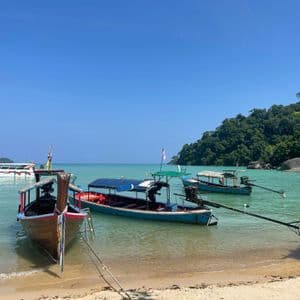 Barcos tradicionales de cola larga amarrados en una playa de arena y flotando en aguas turquesas junto a una colina verde.