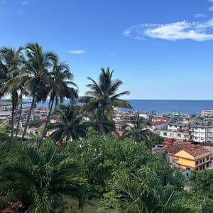 Vista aérea de un pueblo costero con edificios coloridos, enmarcado por palmeras, que se encuentra con el océano azul bajo un cielo despejado.