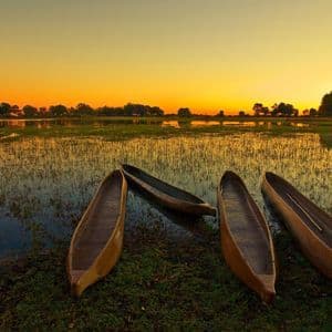 Quattro canoe tradizionali in legno sono ormeggiate sulla riva erbosa di un'area umida durante un tramonto arancione vibrante.
