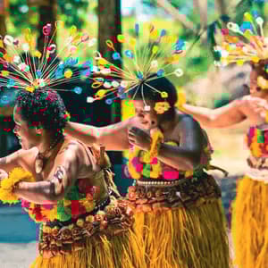 Un gruppo di danzatrici in abiti tradizionali colorati e con elaborati copricapi si esibisce in un ambiente all'aperto.