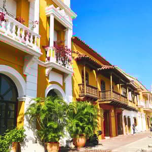 Edifici coloniali giallo brillante con fiori sui balconi costeggiano una strada soleggiata con palme in vaso.