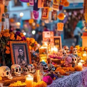 Ein Altar für den Día de los Muertos, verziert mit bemalten Totenköpfen, Ringelblumen, brennenden Kerzen und gerahmten Bildern.
