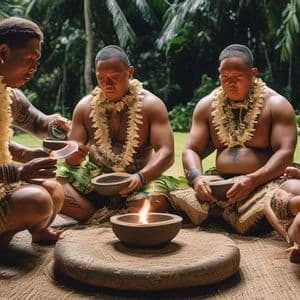 Quattro uomini con tatuaggi tradizionali e leis siedono in cerchio su un tappeto, eseguendo una cerimonia con ciotole attorno a una fiamma centrale.