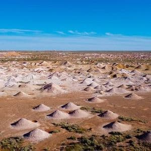 Eine weite, trockene Landschaft, übersät mit zahlreichen kleinen, kegelförmigen Erdhügeln unter einem klaren blauen Himmel.
