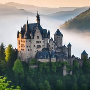 Un grande castello con mura in pietra e torri scure si erge su una collina verdeggiante, circondato da fitta nebbia e montagne.