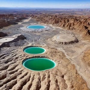 Una vista aerea di diverse piscine rotonde di acqua turchese e blu in un vasto paesaggio di canyon arido ed eroso.