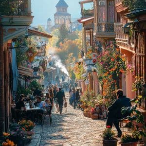 Le persone passeggiano e si siedono nei caffè all'aperto su una strada acciottolata illuminata dal sole, fiancheggiata da fiori ed edifici storici.