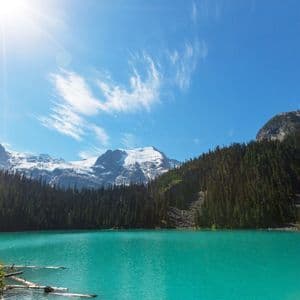 Ein türkisfarbener Alpensee liegt vor einem dichten Kiefernwald und schneebedeckten Bergen unter einem sonnigen blauen Himmel.