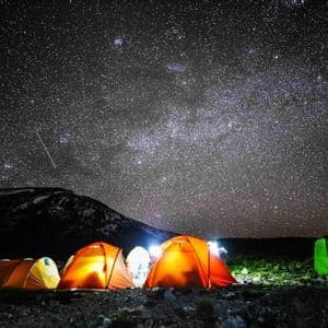 Illuminated tents at a campsite on rocky ground under a night sky full of stars and the Milky Way.