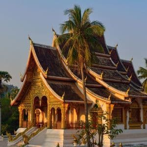 Ein reich verzierter Tempel mit einem mehrstufigen Ziegeldach und goldenen Details, von warmem Licht beleuchtet, neben einer hohen Palme.