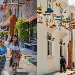 Ein Diptychon zeigt Menschen auf einer farbenfrohen Kopfsteinpflasterstraße, die mit hängenden Hutgirlanden geschmückt ist.