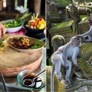 Ein Diptychon, das links eine Person bei der Zubereitung von Speisen und rechts drei Affen auf einer moosbewachsenen Steinstatue zeigt.