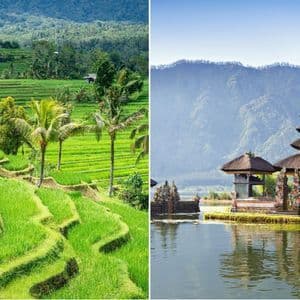 Ein geteiltes Bild, das links grüne Reisterrassen und rechts einen traditionellen, mehrstufigen Tempel an einem See zeigt.