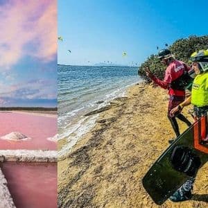 Una imagen en pantalla dividida que muestra una salina rosa en un lado y un viaje en grupo de WeRoad practicando kitesurf en el otro.