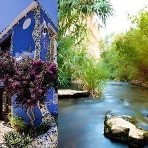 Una imagen dividida que muestra un edificio azul con mosaicos a la izquierda y un río que atraviesa un frondoso bosque verde a la derecha.