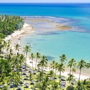 Vue aérienne d'une plage tropicale avec palmiers, parasols en chaume et personnes nageant dans l'océan turquoise.
