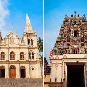 Ein Diptychon, das eine weiße gotische Kirche links und einen farbenfrohen, verzierten hinduistischen Tempel-Gopuram rechts unter blauem Himmel vergleicht.