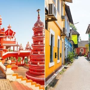 Ein geteiltes Bild, das links einen verzierten roten Tempel und rechts eine schmale Straße mit bunten Gebäuden zeigt.