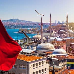 A Turkish flag waves over a sunlit cityscape of domes and minarets, with seagulls flying over a body of water.