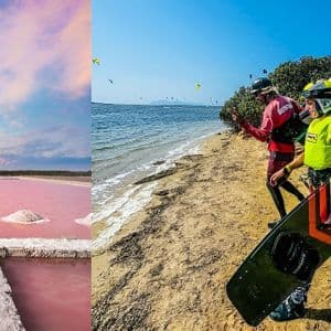 Un'immagine divisa: a sinistra un lago salato rosa e a destra due persone di un viaggio di gruppo WeRoad con attrezzatura da kitesurf su una spiaggia.