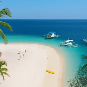 Eine WeRoad Gruppenreise beim Volleyballspielen an einem weißen Sandstrand neben türkisfarbenem Wasser mit Auslegerbooten.