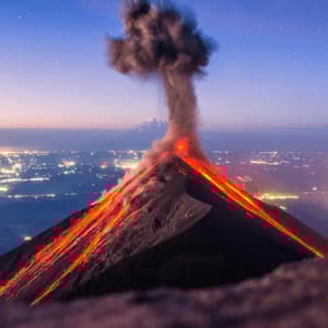 Ein nachts ausbrechender Vulkan, mit Flüssen aus geschmolzener Lava, die seine Hänge hinabfließen, und Rauch, der in einen sternenklaren Himmel über einer Stadt aufsteigt.