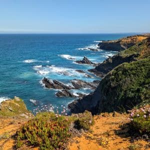 Eine felsige Küste mit türkisem Wasser, das gegen zerklüftete Felsformationen schlägt, von einer Klippe mit Wildblumen im Vordergrund aus gesehen.