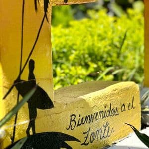 Ein gelbes Willkommensschild mit einer schwarzen Surfer-Silhouette und den Worten 'Bienvenidos a el Zonte' vor grünem Blattwerk.