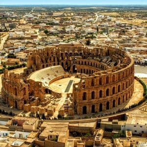 Una vista aerea di una grande rovina di anfiteatro romano in pietra, circondata da una città tentacolare sotto un cielo sereno.