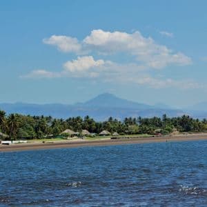 Ein Blick über das Wasser auf einen Sandstrand mit Palmen, dahinter unscharfe Berge unter blauem Himmel.