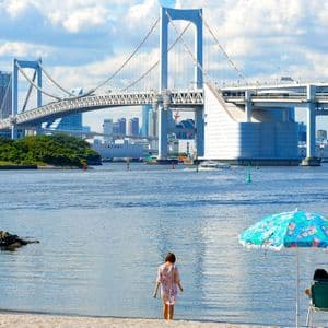Persone si rilassano su una spiaggia sabbiosa ammirando un grande ponte bianco e uno skyline cittadino sull'acqua.