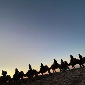Sagome di un gruppo WeRoad in viaggio che cavalca cammelli in fila attraverso un paesaggio roccioso al tramonto.