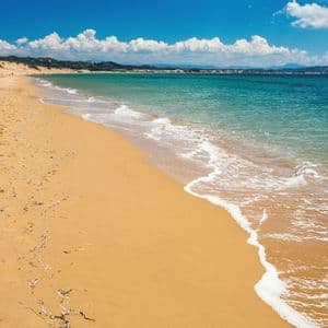 Une large plage de sable doré s'incurve le long de l'océan turquoise calme sous un ciel bleu parsemé de nuages blancs moelleux.