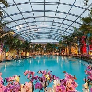 Una grande piscina interna è circondata da palme e orchidee rosa sotto un ampio tetto di vetro ad arco di notte.