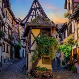 Eine schmale Kopfsteinpflastergasse schlängelt sich zwischen farbenfrohen Fachwerkhäusern, die mit Blumen und Pflanzen geschmückt sind.