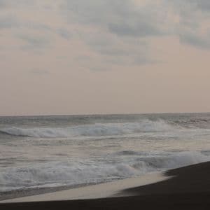 Onde con schiuma bianca si infrangono lungo una costa di sabbia scura sotto un cielo nuvoloso e pallido.