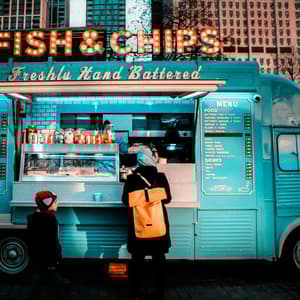Una mujer y un niño están en el mostrador de un food truck turquesa de fish and chips en un entorno urbano.