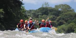 Un viaggio di gruppo WeRoad: rafting su un fiume turbolento, remando insieme su un gommone blu con una foresta sullo sfondo.