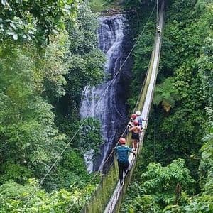 Un viaggio di gruppo WeRoad attraversa un ponte sospeso in una giungla lussureggiante, con una cascata che scorre sullo sfondo.