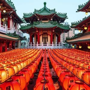 Centinaia di lanterne di carta rosse illuminate, disposte in file ordinate, conducono verso un tempio tradizionale con un tetto di tegole verdi.