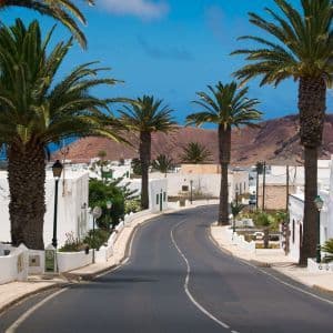 Una carretera sinuosa flanqueada por altas palmeras atraviesa un pueblo con casas blancas y una montaña a lo lejos.