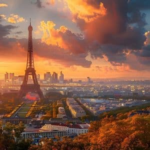 Veduta aerea della Torre Eiffel e di un panorama urbano durante una vivace alba con nuvole drammatiche.